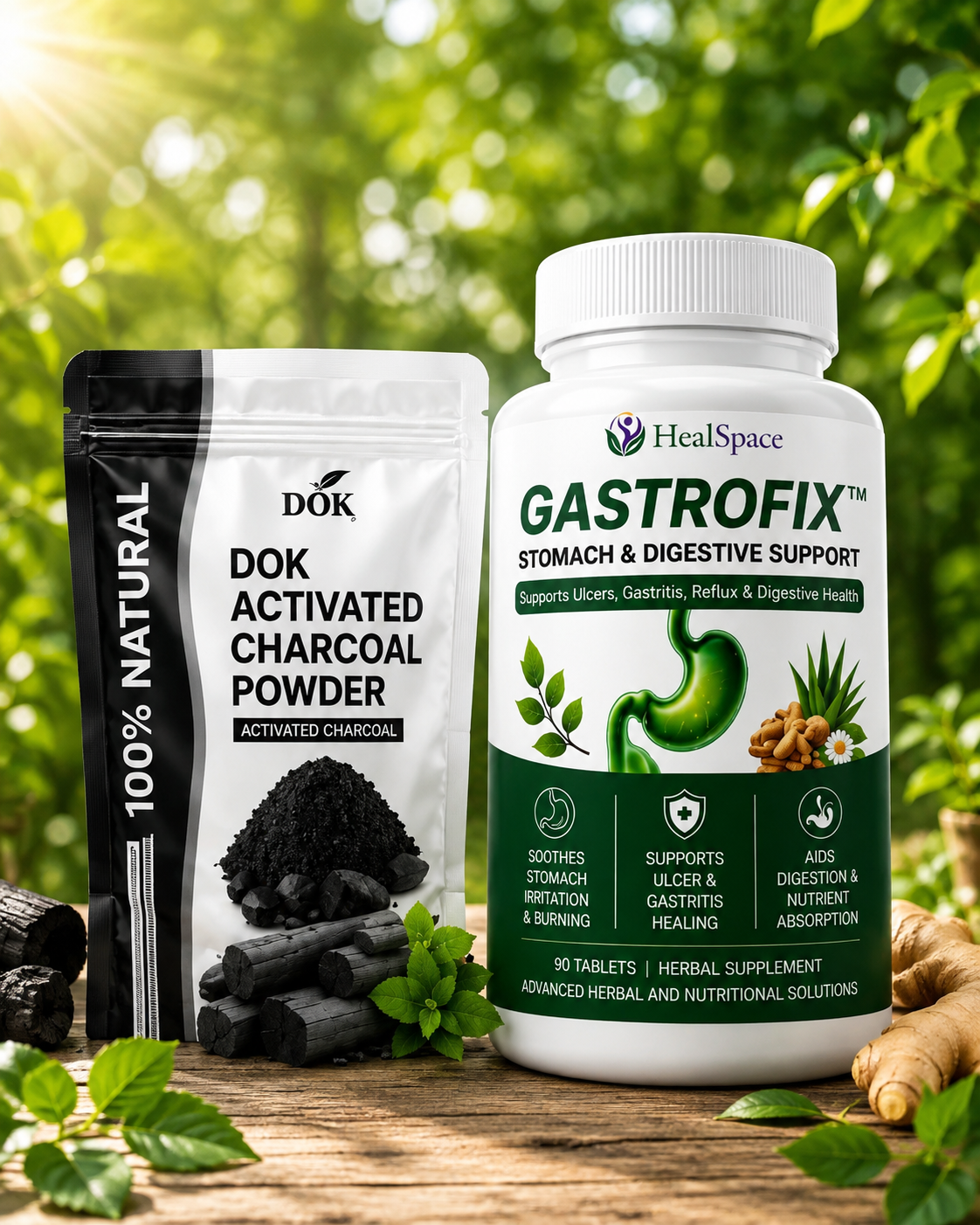 DOK Activated Charcoal Powder and GastroFix digestive wellness supplement duo on a natural wooden surface